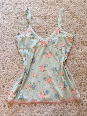 Y2K pastel floral babydoll tank top with pink bow and lace trim